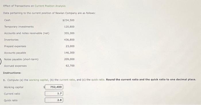  Effect of Transactions on Current Position Analysis Data pertaining to the