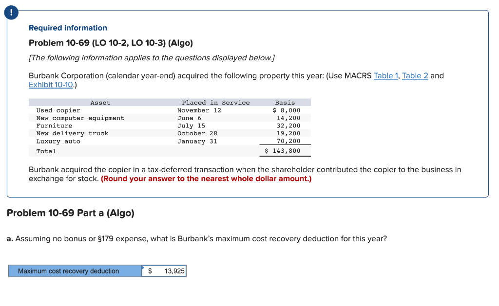  Required information Problem 10-69 (LO 10-2, LO 10-3) (Algo) [The following