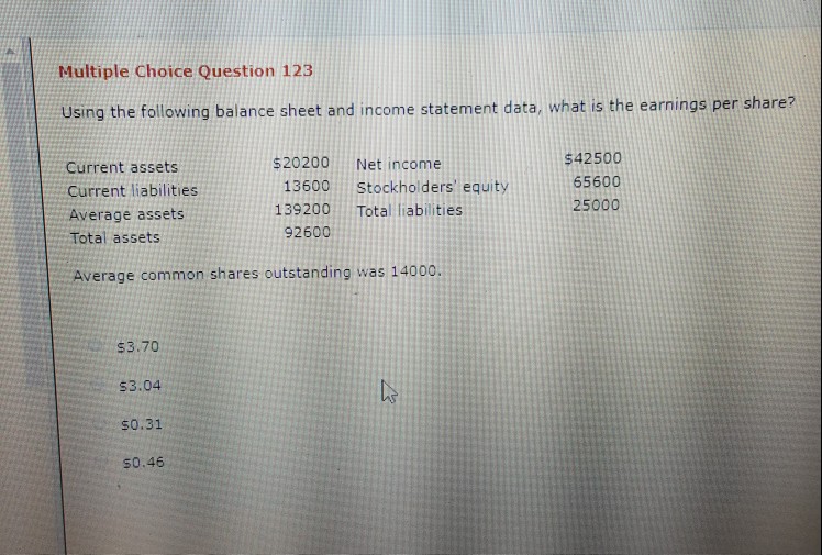 Multiple Choice Question 123 Using the following balance sheet and income