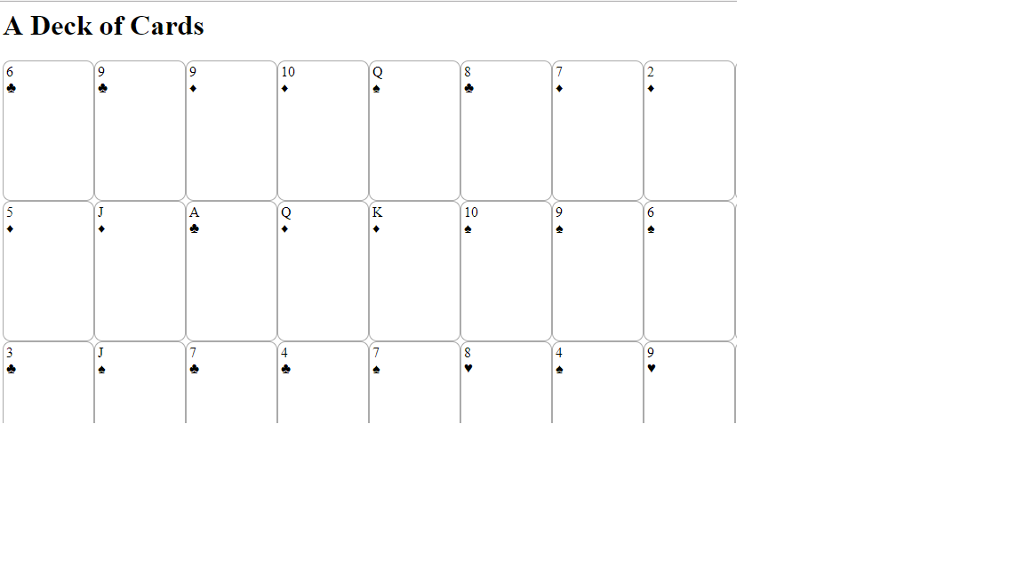 Scenario Generate a deck of cards in JavaScript Tasks cards.html Page title