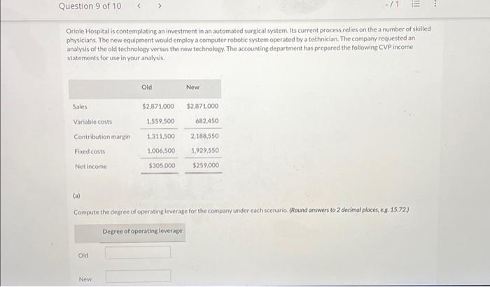  Question 9 of 10 Sales Variable costs Contribution margin Oriole Hospital