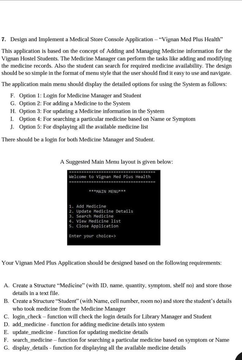  7. Design and Implement a Medical Store Console Application - "Vignan