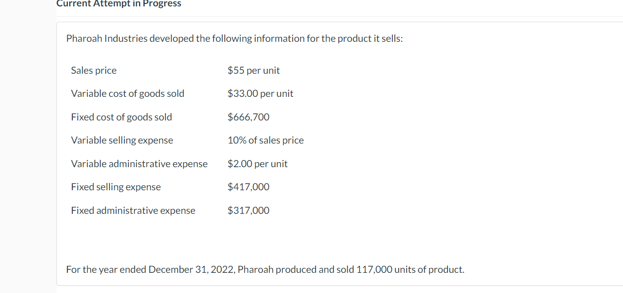 prepare a cvp income statement using the contribution margin format for pharaoh