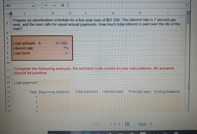 A1 : D E F G H 3 Prepare an amortization