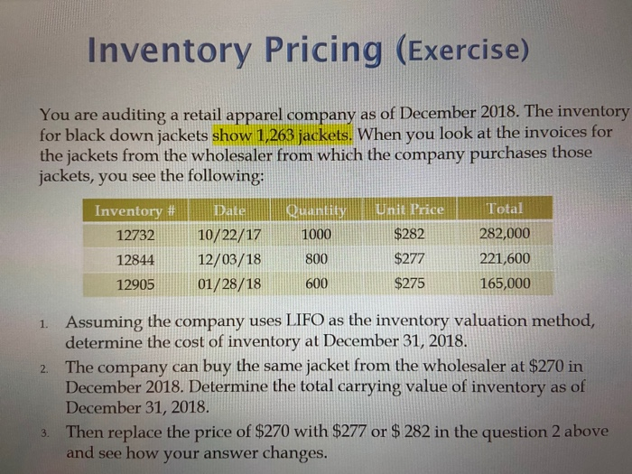 How to do these questions Inventory Pricing (Exercise) You are auditing a