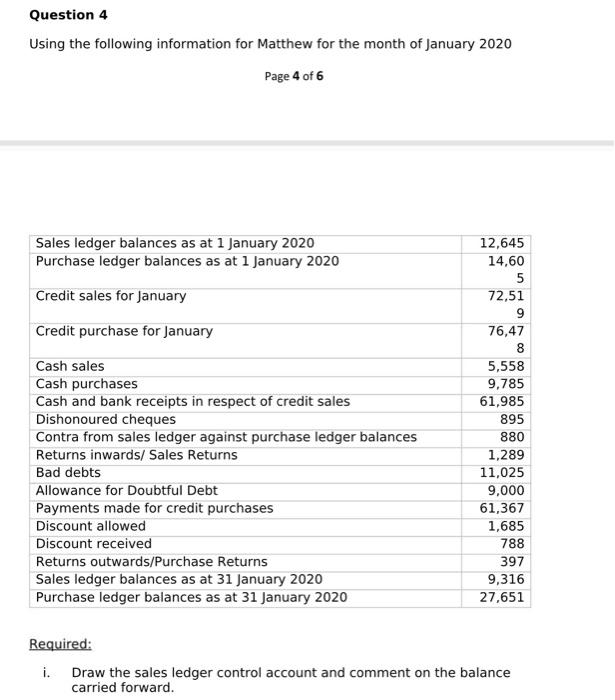 Question 4 Using the following information for Matthew for the month