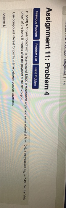  $20 7 assignment 11/4 Assignment 11: Problem 4 Previous Problem Problem