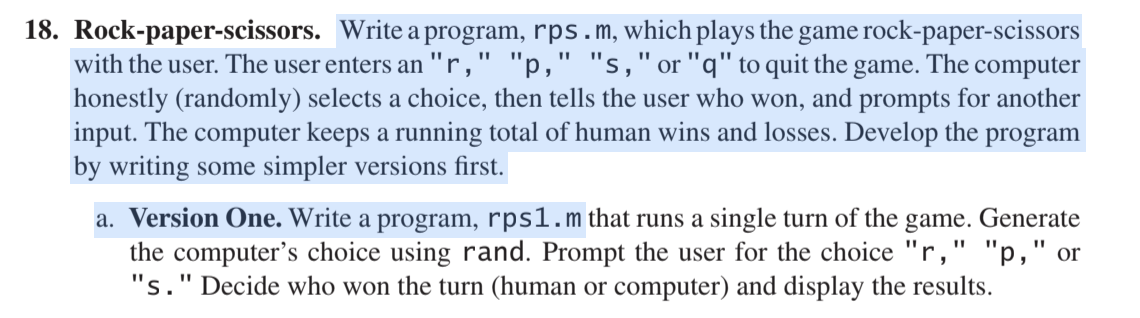 MATLAB ONLY MATLAB ONLY 5. Chapter 5, Problem 18a (Rock-paper-scissors, Version One)