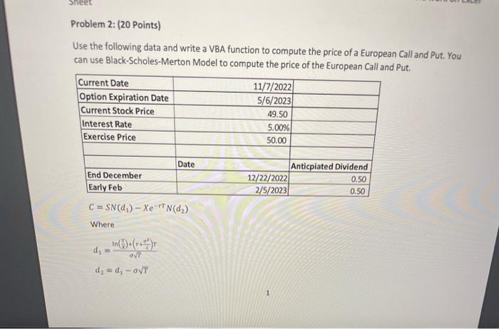  Use the following data and write a VBA function to compute