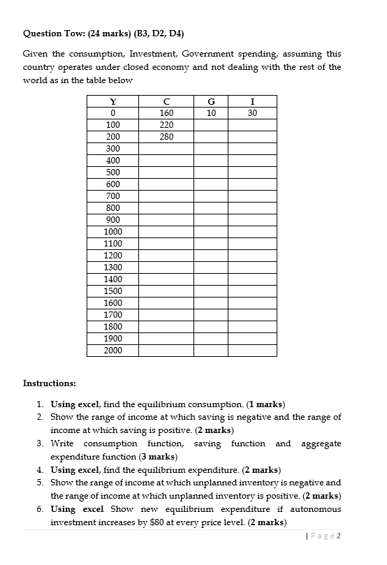 Question Tow: (24 marks) (B3, D2, D4) Given the consumption, Investment,