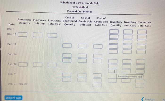 prepaid cell phones for December are as follows: Inventory Purchases Sales Dec.