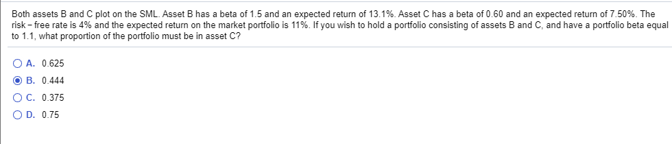  Both assets B and C plot on the SML. Asset B