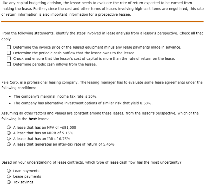 Evaluation by the Lessor From the following statements, identify the steps involved