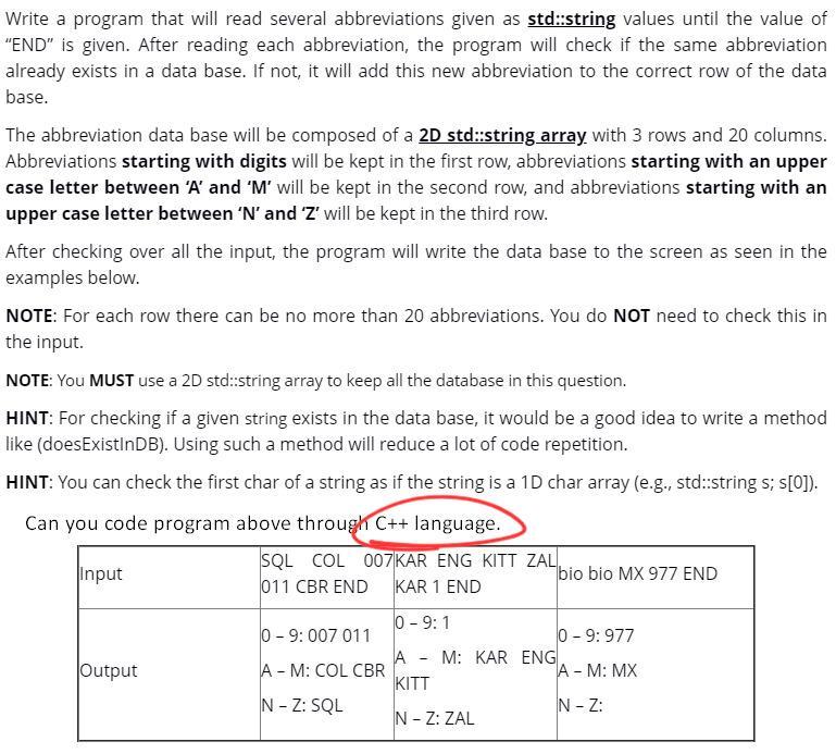  Write a program that will read several abbreviations given as std::string