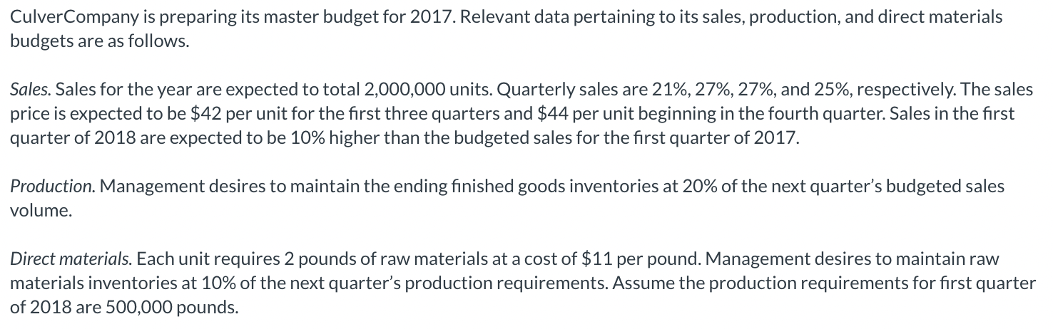  CulverCompany is preparing its master budget for 2017. Relevant data pertaining