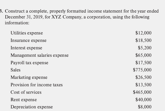 3. Construct a complete, properly formatted income statement for the year