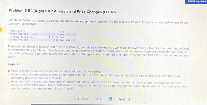 Problem 3-54 (Algo) CVP Analysis and Price Changes (LO 3-1) Check my