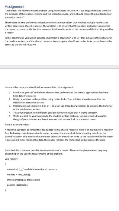  Assignment "Implement the readers-writers problem using mutex locks in C or