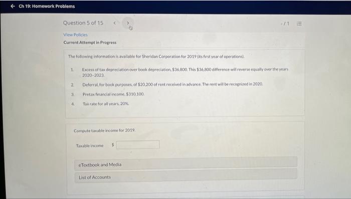  Ch 19: Homework Problems Question 5 of 15 +/1 View Policies