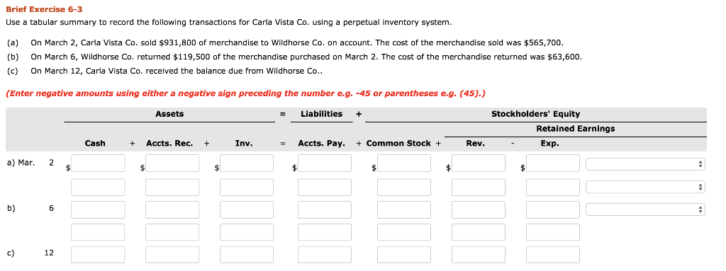  Brief Exercise 6-3 Use a tabular summary to record the following