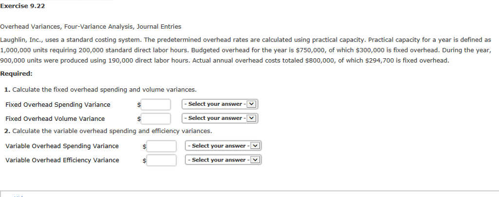  Exercise 9.22 Overhead Variances, Four-Variance Analysis, Journal Entries Laughlin, Inc., uses