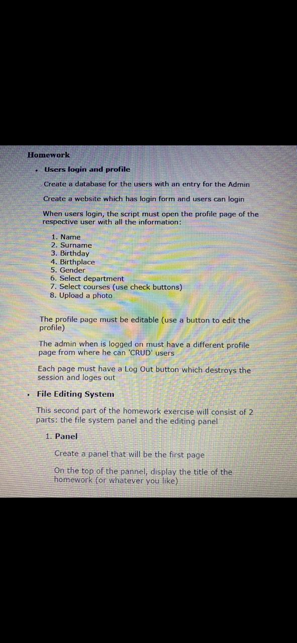  php language!!!! Homework Users login and profile Create a database for