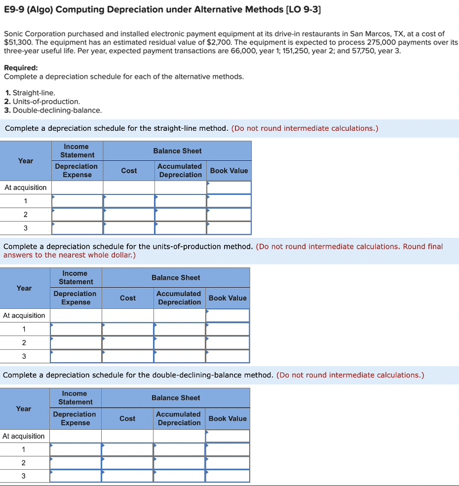 E9-9 (Algo) Computing Depreciation under Alternative Methods [LO 9-3] Sonic Corporation