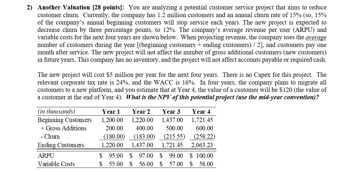  2) Another Valuation [28 points]: You are analyzing a potential customer