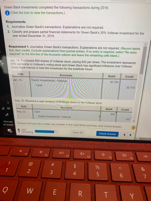 Classify and prepare partial financial statements for Green Back's 30% Voltexar investment