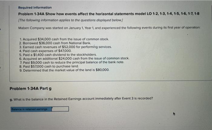  Required information Problem 1-34A Show how events affect the horizontal statements