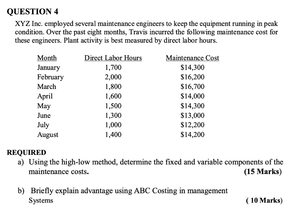 QUESTION 4 XYZ Inc. employed several maintenance engineers to keep the