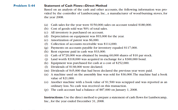  Problem 5-44 Statement of Cash Flows-Direct Method Based on an analysis