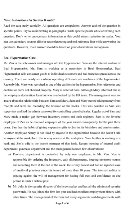  Note: Instructions for Section B and C. Read the case study