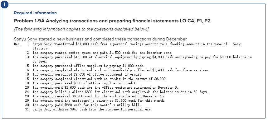 Required information Problem 1-9 A Analyzing transactions and preparing financial statements