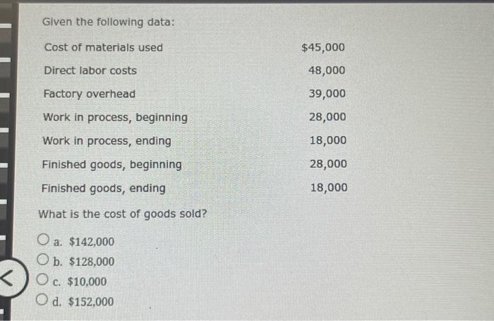  a. $142,000 b. $128,000 c. $10,000 d. $152,000