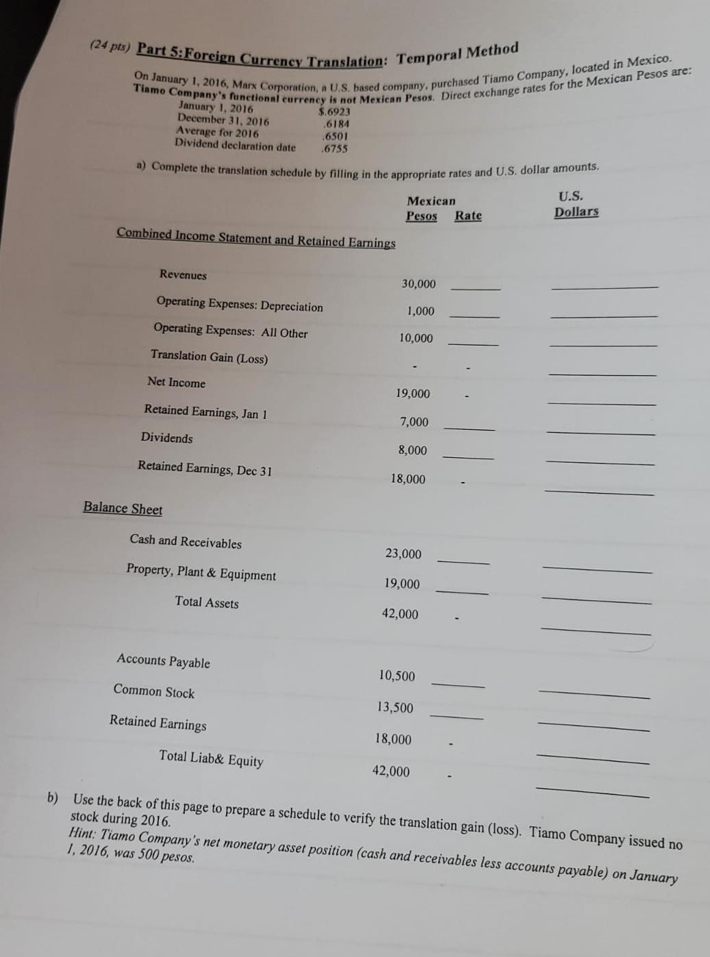  (24 pts) Part 5: Foreign Currency Translation: Temporal Method On January