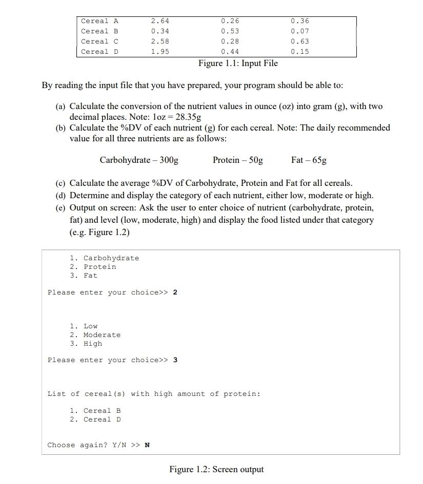  \table[[Cereal A,2.64,0.26,0.36],[Cereal B,0.34,0.53,0.07],[Cereal C,2.58,0.28,0.63],[Cereal D,1.95,0.44,0.15]] Figure 1.1: Input File By reading
