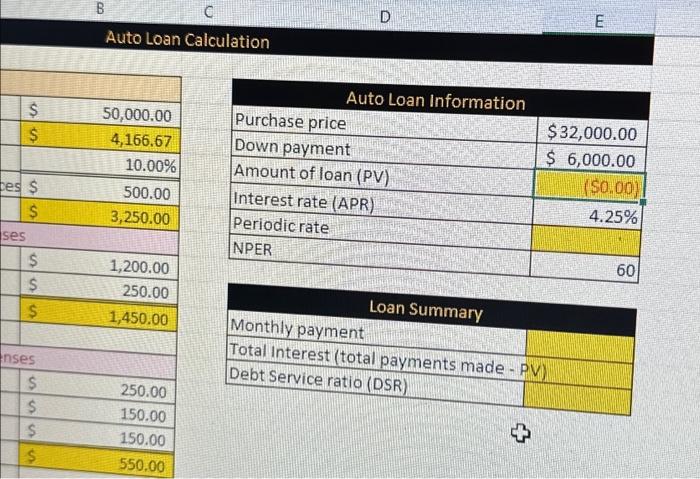  how to solve cells E6 and E8? also E12:15 Auto Loan
