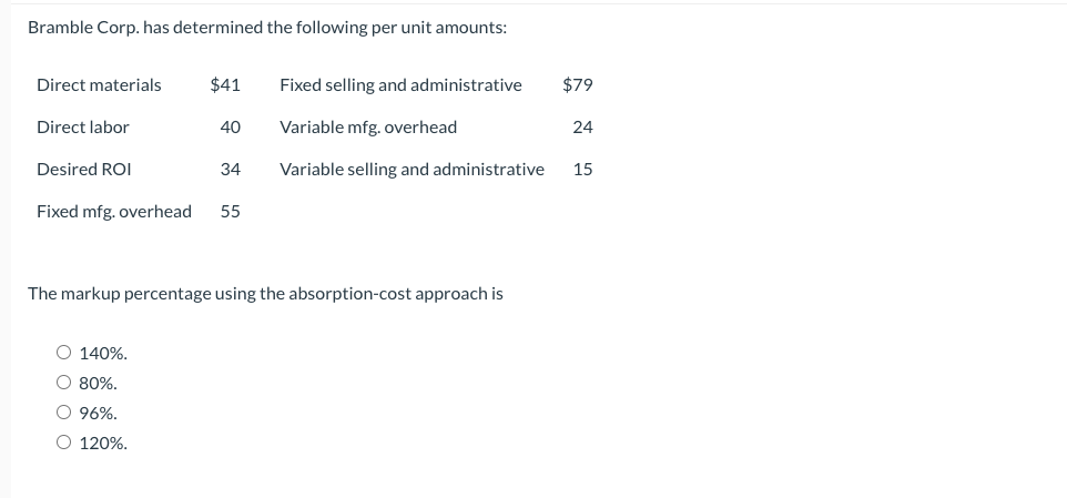  Bramble Corp. has determined the following per unit amounts: The markup