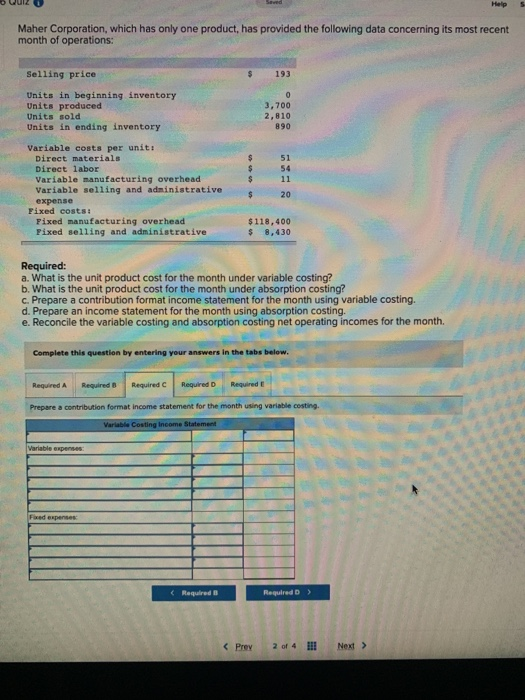 data concerning its most recent month of operations: Selling price 193 Units