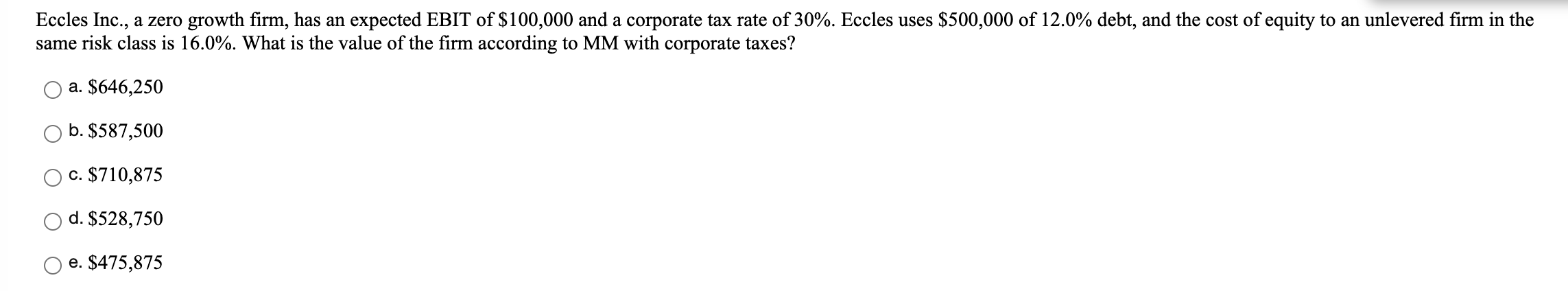 Eccles Inc., a zero growth firm, has an expected EBIT of