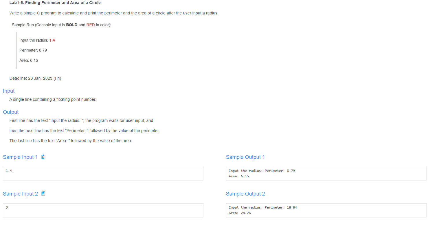 Use of C programming language coding Lab1-5. Finding Perimeter and Area of
