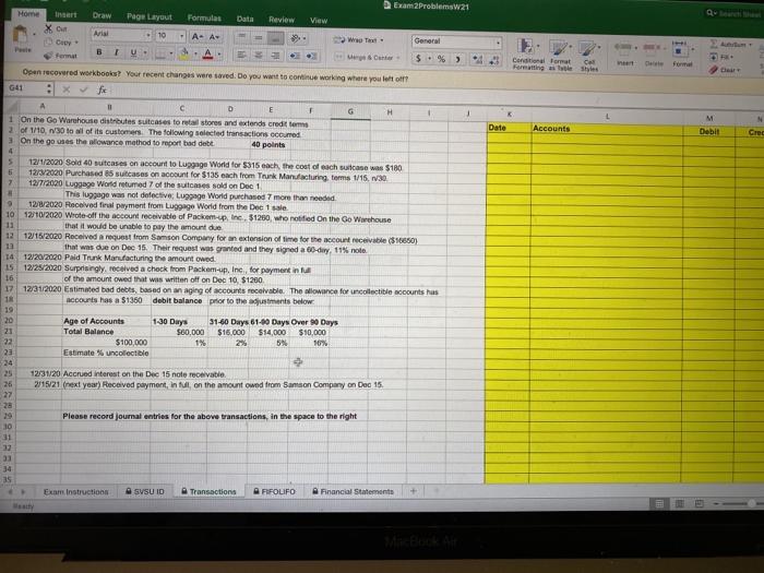  Exam 2 Problems W21 Home Insert Draw Page Layout Formulas Data