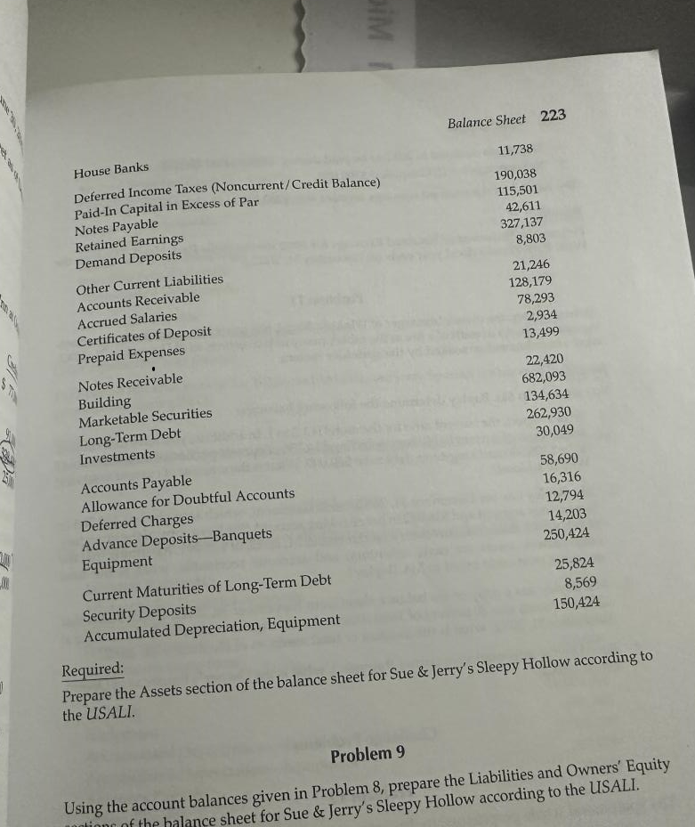 sections of the balance sheet for Sue & Jerry's Sleepy Hollow according