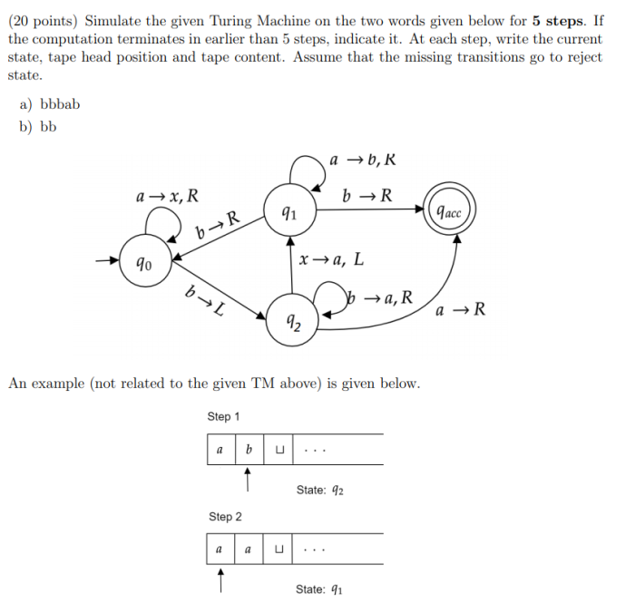  (20 points) Simulate the given Turing Machine on the two words