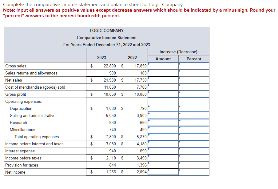  Complete the comparative income statement and balance sheet for Logic Company.