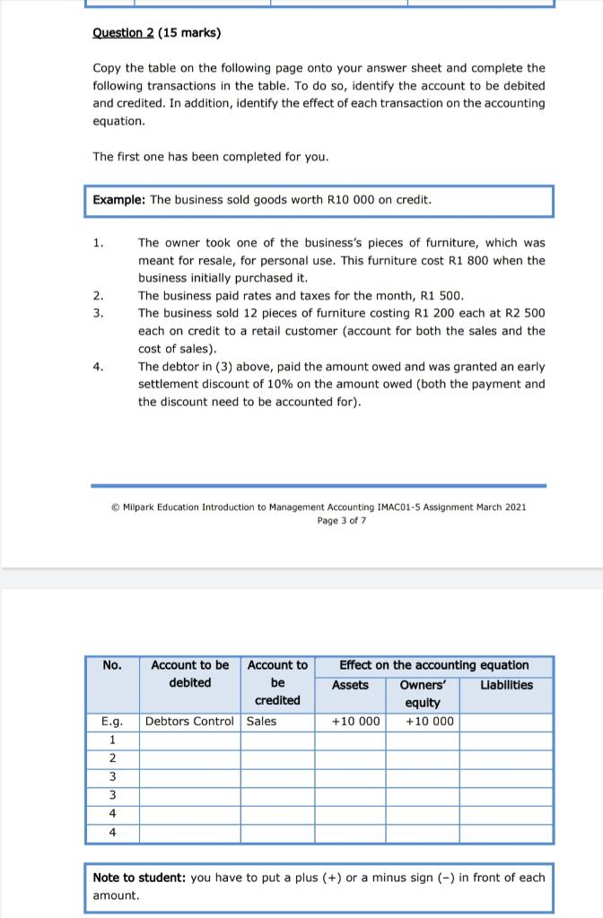 Question 2 (15 marks) Copy the table on the following page