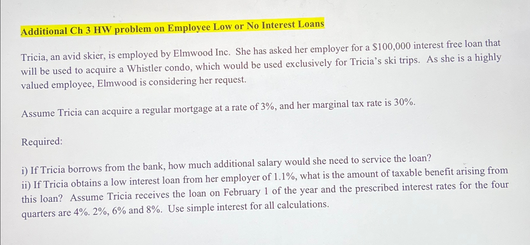  Additional Ch 3 HW problem on Employee Low or No Interest