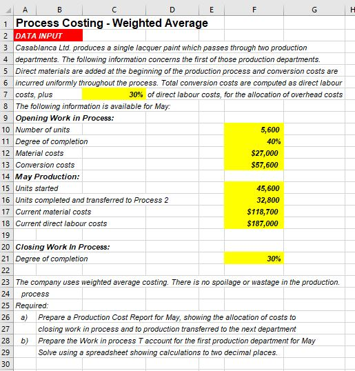  1 Process Costing - Weighted Average DATA INPUT 3 Casablanca Ltd.