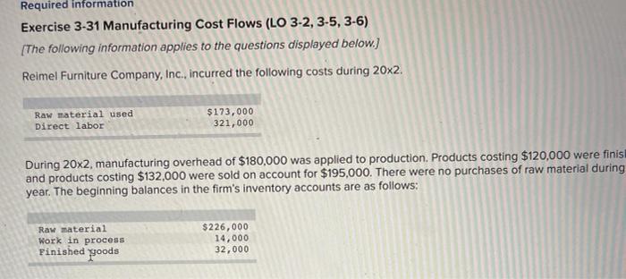  Required information Exercise 3-31 Manufacturing Cost Flows (LO 3-2, 3-5, 3-6)